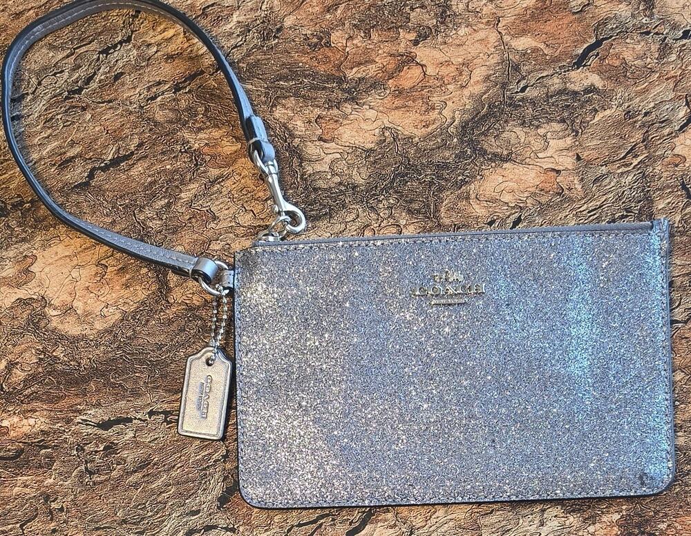 Coach Silver Gunmetal Glitter Small Wristlet Zip Clutch Sparkle